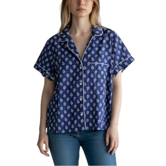 J. Crew Other - J. Crew Navy Blue Button Down Poplin Pajama Top with White Floral Pattern NWT M